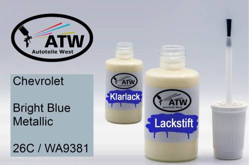 Chevrolet, Bright Blue Metallic, 26C / WA9381: 20ml Lackstift + 20ml Klarlack - Set, von ATW Autoteile West.